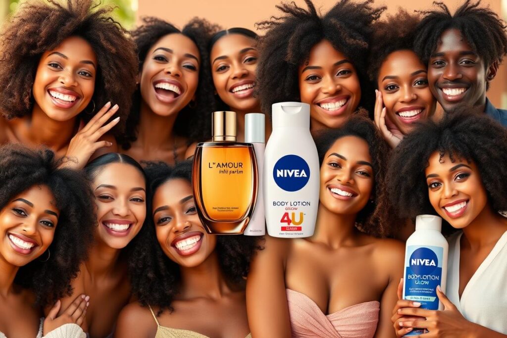 A collage showcasing vibrant customer reviews and experiences with Nihan L'Amour Infini Haarparfum and Nivea Body Lotion Holiday Glow. The foreground features a group of diverse people enthusiastically sharing their positive feedback, their expressions conveying joy and satisfaction. The middle ground displays the two products side-by-side, their sleek packaging and color schemes complementing each other. The background is a soft, warm-toned scene, perhaps a serene garden or spa-like setting, creating an inviting and relaxing atmosphere. The lighting is natural and diffused, highlighting the radiant skin and lush hair of the individuals. The overall composition and style blend realism with a touch of editorial elegance, inviting the viewer to immerse themselves in the shared experiences of these satisfied customers.