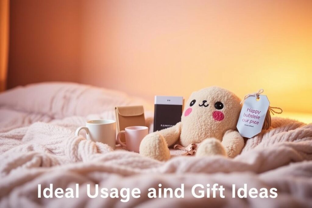 A cozy Bubble Tea plush toy nestled in a serene, pastel-hued scene. The softly lit foreground showcases the plush's inviting, tactile texture and charming, whimsical design. In the middle ground, an array of thoughtful gift ideas surround the toy, including a mug, a journal, and an assortment of Bubble Tea-themed accessories. The background features a gentle gradient, hinting at the versatility and wide range of Bubble Tea plush usage - from cuddly companion to thoughtful present. Warm, ambient lighting and a calming, harmonious color palette evoke a sense of comfort and delight, capturing the essence of the "Ideal Usage and Gift Ideas" section.