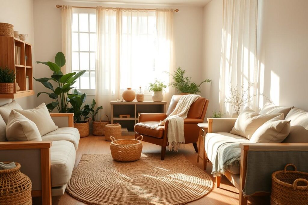 A cozy living room filled with natural materials, bathed in warm, diffused lighting. Plush linen upholstery, smooth wooden furniture, and a woven jute rug create a harmonious, earthy atmosphere. Potted plants, delicate wicker baskets, and a linen throw draped over a leather armchair add subtle organic textures. Sunlight filters through sheer curtains, casting gentle shadows and highlighting the natural grains and tones. The space radiates a sense of calm and contentment, inviting one to relax and unwind in a nurturing, homely environment.