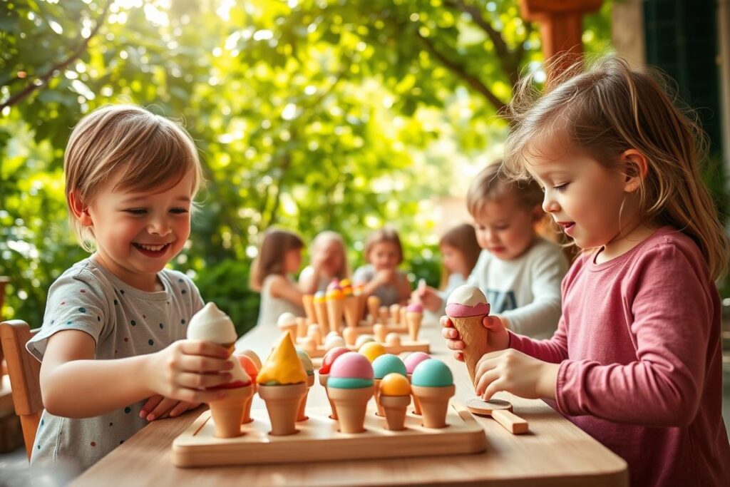A cozy, sun-dappled scene of children playing imaginatively with a wooden ice cream parlor set. In the foreground, two young friends scoop pretend scoops into colorful cones, their faces alight with joy. In the middle ground, a group of kids arrange the wooden ice cream pieces, creating an array of flavors and toppings. The background features a lush, verdant garden setting, with dappled sunlight filtering through the leaves. The lighting is soft and natural, casting warm shadows and highlights that accentuate the wooden textures and vibrant colors. The overall mood is one of playful discovery and boundless creativity as the children engage in myriad imaginative scenarios with their Dreamon Eisdiele Kinder Holz 38 Stück set. A cozy, sun-dappled scene of children playing imaginatively with a wooden ice cream parlor set. In the foreground, two young friends scoop pretend scoops into colorful cones, their faces alight with joy. In the middle ground, a group of kids arrange the wooden ice cream pieces, creating an array of flavors and toppings. The background features a lush, verdant garden setting, with dappled sunlight filtering through the leaves. The lighting is soft and natural, casting warm shadows and highlights that accentuate the wooden textures and vibrant colors. The overall mood is one of playful discovery and boundless creativity as the children engage in myriad imaginative scenarios with their Dreamon Eisdiele Kinder Holz 38 Stück set.