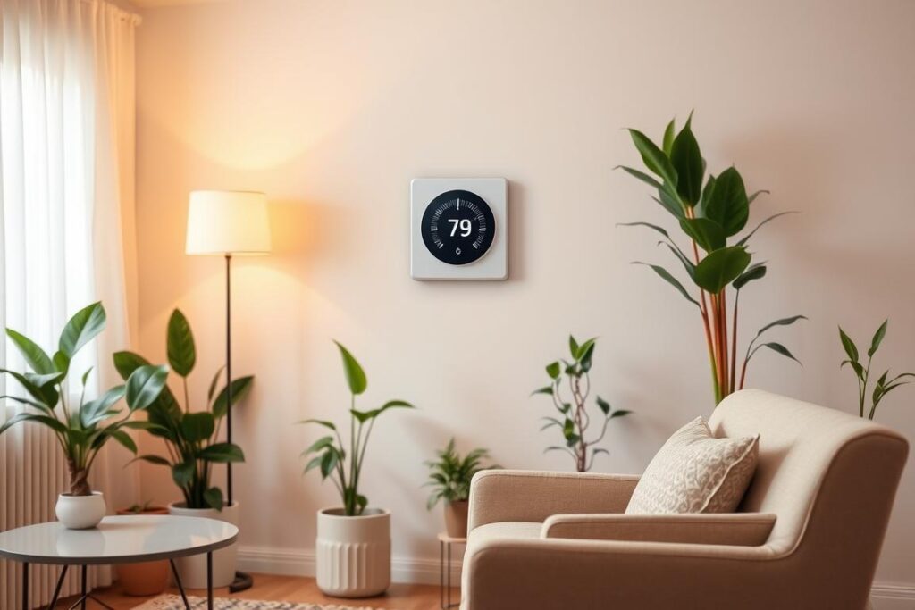 A cozy, well-lit living room with a thermostat on the wall, displaying the optimal temperature setting for a comfortable indoor climate. Soft, warm lighting illuminates the scene, creating a serene and inviting atmosphere. Houseplants strategically placed around the room add a touch of natural greenery, complementing the overall sense of harmony and balance. The room's furnishings, such as a plush armchair and a sleek side table, are arranged to suggest a space designed for relaxation and contentment. The temperature readout on the thermostat is the focal point, clearly indicating the ideal setting for a healthy, pleasant indoor environment.