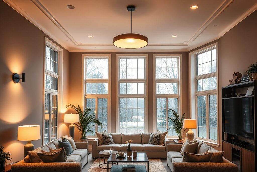 A cozy, well-lit living room with large windows that flood the space with natural illumination. Strategically placed lamps and sconces along the walls and shelves create a warm, inviting glow, casting a soft, diffused light that enhances the room's depth and volume. Carefully curated light sources, from a central pendant fixture to discreet recessed ceiling lights, work in harmony to illuminate the space evenly and eliminate dark corners. The lighting design seamlessly blends form and function, elevating the room's ambiance and making it feel expansive and airy, perfect for a relaxing, intimate atmosphere. A cozy, well-lit living room with large windows that flood the space with natural illumination. Strategically placed lamps and sconces along the walls and shelves create a warm, inviting glow, casting a soft, diffused light that enhances the room's depth and volume. Carefully curated light sources, from a central pendant fixture to discreet recessed ceiling lights, work in harmony to illuminate the space evenly and eliminate dark corners. The lighting design seamlessly blends form and function, elevating the room's ambiance and making it feel expansive and airy, perfect for a relaxing, intimate atmosphere.