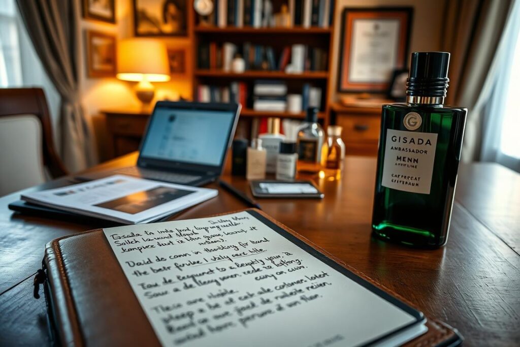 A cozy, well-lit room with a wooden table, a laptop, and various perfume bottles and product reviews scattered across the surface. In the foreground, a close-up shot of a leather-bound notebook with handwritten customer reviews of the "Gisada Switzerland Ambassador Men Eau de Perfume" bottle. The lighting is warm and inviting, with a subtle glow from a table lamp. In the background, a bookshelf with various other perfume products and a framed certificate or award related to the brand. The overall atmosphere is one of thoughtful consideration and genuine customer feedback.
