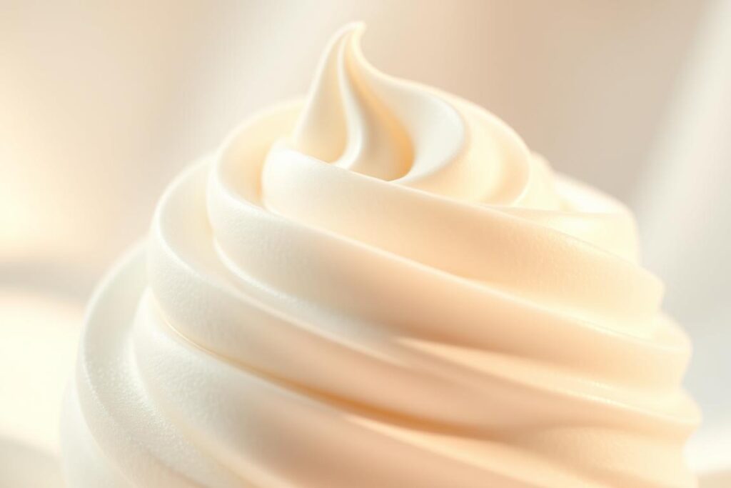 A detailed close-up of a luxurious Nivea body soufflé, revealing its creamy, whipped texture. The product is displayed against a soft, diffused background, allowing the unique souffle-like structure to be the focal point. Warm, natural lighting creates a velvety, indulgent atmosphere, highlighting the smooth, pillowy consistency of the product. The image should convey the unique, airy and lightweight feel of the Nivea body soufflé, distinguishing it from thicker, heavier body creams or lotions.