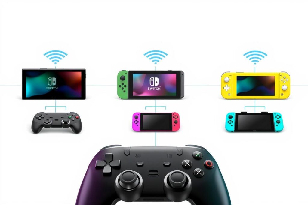 A detailed illustration showcasing the compatibility of a wireless Switch controller. In the foreground, the controller is prominently displayed, its sleek RGB-infused design standing out. In the middle ground, various gaming consoles are arranged - a Nintendo Switch, a Nintendo Switch Lite, and a Nintendo Switch OLED model, all connected to the controller through wireless links. The background features a clean, minimalist environment, allowing the focus to remain on the central elements. The lighting is soft and even, creating a harmonious and informative visual composition that clearly communicates the controller's versatility across different Switch console models.