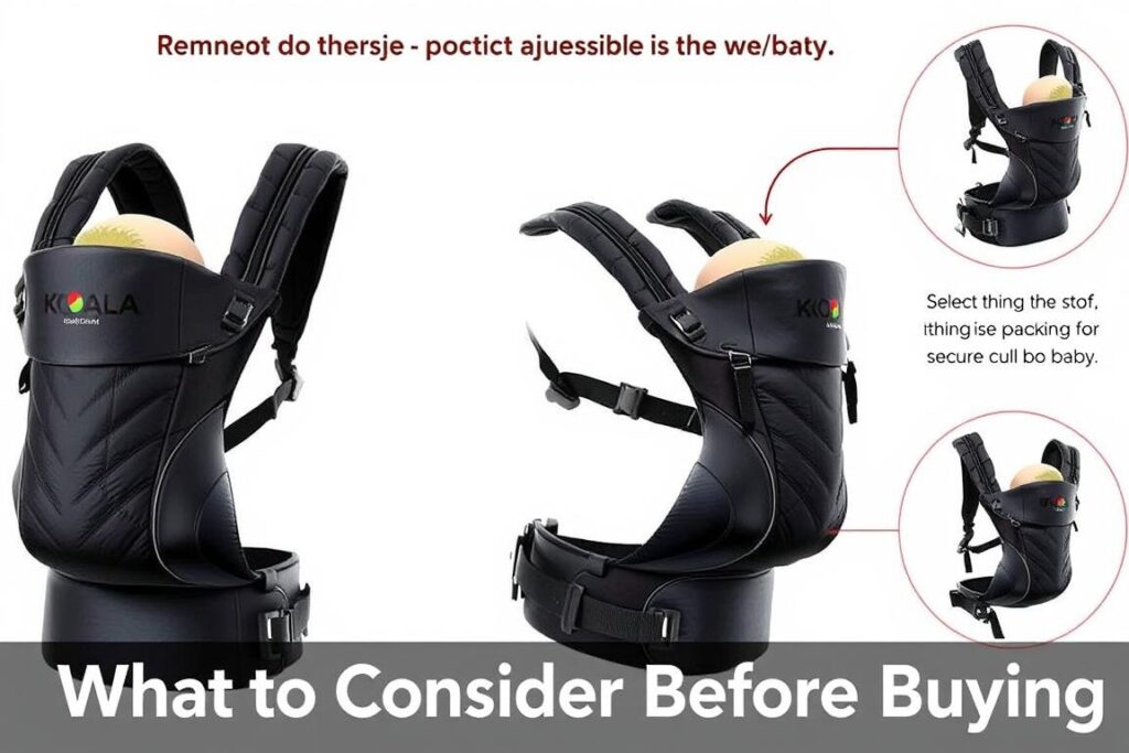 A detailed technical illustration showcasing the proper fit and size adjustments of a black Koala baby carrier. Displayed against a clean, minimalist white background, the carrier is shown from multiple angles, highlighting the adjustable straps, buckles, and padding for a secure and comfortable fit. The image has a professional, instructional tone, emphasizing the importance of selecting the right size and making proper adjustments to ensure the safety and well-being of the baby. Warm, diffused lighting accentuates the material textures and design details, providing a clear, high-quality visual reference for the "What to Consider Before Buying" section of the article. A detailed technical illustration showcasing the proper fit and size adjustments of a black Koala baby carrier. Displayed against a clean, minimalist white background, the carrier is shown from multiple angles, highlighting the adjustable straps, buckles, and padding for a secure and comfortable fit. The image has a professional, instructional tone, emphasizing the importance of selecting the right size and making proper adjustments to ensure the safety and well-being of the baby. Warm, diffused lighting accentuates the material textures and design details, providing a clear, high-quality visual reference for the "What to Consider Before Buying" section of the article.