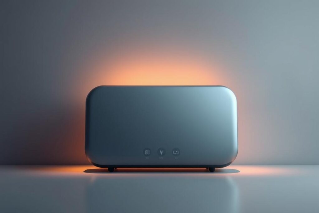 A futuristic smart home device against a sleek, minimalist backdrop. The device is rendered in a muted metallic tone, its clean lines and seamless interface conveying a sense of advanced technology and durability. Warm, indirect lighting illuminates the scene, casting a soft glow and creating an atmosphere of sophistication and reassurance. The background is a gradient of cool greys, hinting at the device's potential integration with a larger smart home ecosystem. The overall impression is one of modernity, reliability, and a future-proof solution for the discerning homeowner.