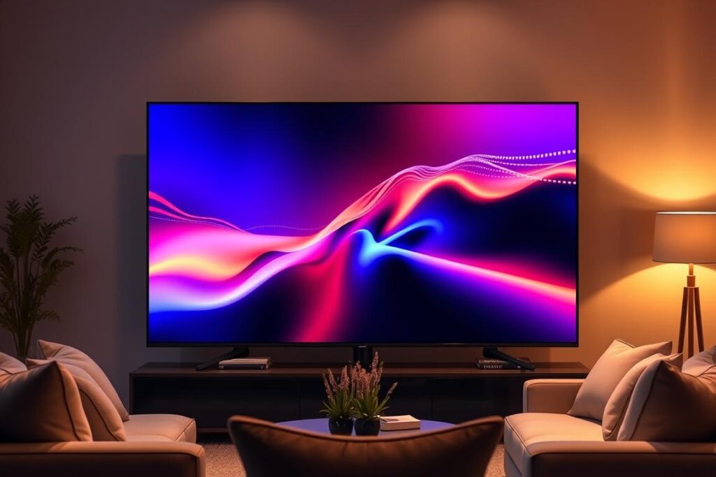 A high-quality QLED television set centered in the frame, showcasing its sleek and modern design. The screen displays a vibrant, high-contrast image, highlighting the television's exceptional picture quality. The scene is bathed in warm, indirect lighting, creating a cozy and inviting atmosphere. In the foreground, a minimalist, contemporary-style living room setup with comfortable seating and decor elements that complement the television's aesthetic. The background features a neutral, slightly blurred backdrop, allowing the television to be the focal point. The overall composition conveys a sense of balance, sophistication, and a favorable price-to-performance ratio. A high-quality QLED television set centered in the frame, showcasing its sleek and modern design. The screen displays a vibrant, high-contrast image, highlighting the television's exceptional picture quality. The scene is bathed in warm, indirect lighting, creating a cozy and inviting atmosphere. In the foreground, a minimalist, contemporary-style living room setup with comfortable seating and decor elements that complement the television's aesthetic. The background features a neutral, slightly blurred backdrop, allowing the television to be the focal point. The overall composition conveys a sense of balance, sophistication, and a favorable price-to-performance ratio.