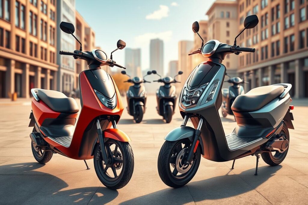 A high-quality, detailed comparison of electric scooter models, captured in a realistic digital illustration. The foreground features a side-by-side display of two similar scooters, their sleek designs and technical specifications clearly visible. The middle ground showcases additional scooter models in a visually compelling arrangement, allowing for easy side-by-side comparison. The background depicts an urban setting with city buildings, creating a sense of context and real-world application. Warm, natural lighting casts a subtle glow, highlighting the scooters' vibrant colors and metallic accents. The overall composition emphasizes the variety, features, and performance of these electric mobility solutions. A high-quality, detailed comparison of electric scooter models, captured in a realistic digital illustration. The foreground features a side-by-side display of two similar scooters, their sleek designs and technical specifications clearly visible. The middle ground showcases additional scooter models in a visually compelling arrangement, allowing for easy side-by-side comparison. The background depicts an urban setting with city buildings, creating a sense of context and real-world application. Warm, natural lighting casts a subtle glow, highlighting the scooters' vibrant colors and metallic accents. The overall composition emphasizes the variety, features, and performance of these electric mobility solutions.