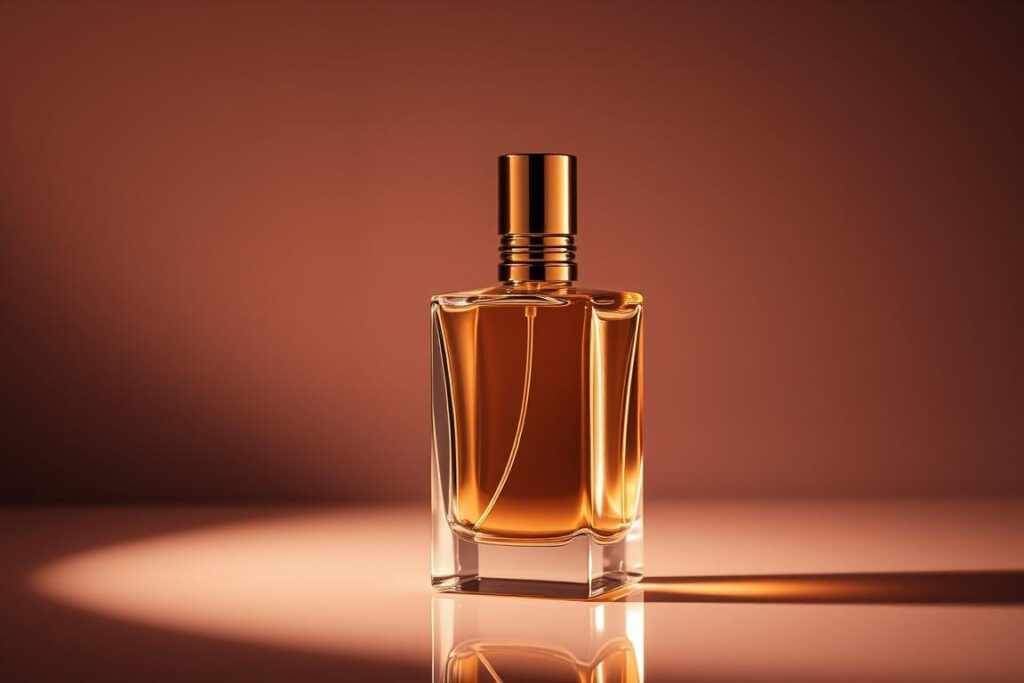 A high-quality glass perfume bottle with a metallic gold cap, sitting on a reflective surface. The bottle is illuminated by soft, warm lighting from an angled source, creating subtle highlights and shadows that accentuate its elegant form. The background is a muted, hazy gradient, allowing the bottle to be the focal point. The overall mood is one of luxury, refinement, and attention to detail, reflecting the premium nature of the fragrance.