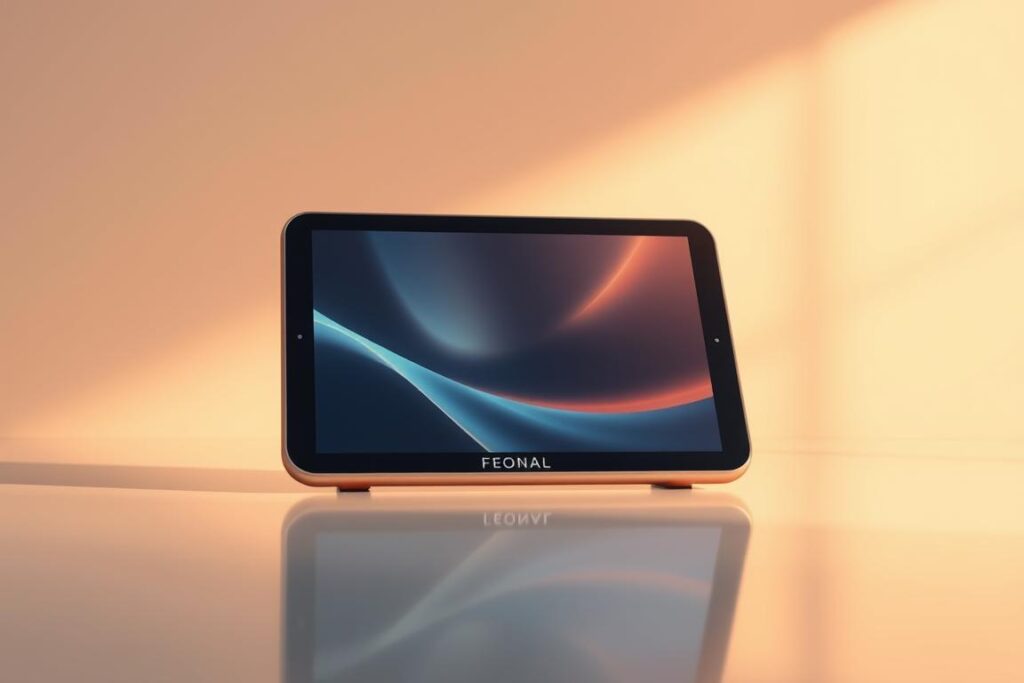 A high-quality, ultra-detailed digital illustration of a FEONAL health tablet on a smooth, reflective surface. The tablet is showcased in the foreground, with a clean, minimalist background that emphasizes its technical features. The lighting is warm and directional, creating subtle shadows and highlights that accentuate the tablet's sleek design and premium construction. The camera angle is slightly elevated, providing an optimal view of the tablet's top surface and edges. The overall mood is one of modern sophistication, emphasizing the tablet's technological prowess and its role in supporting health and wellbeing.