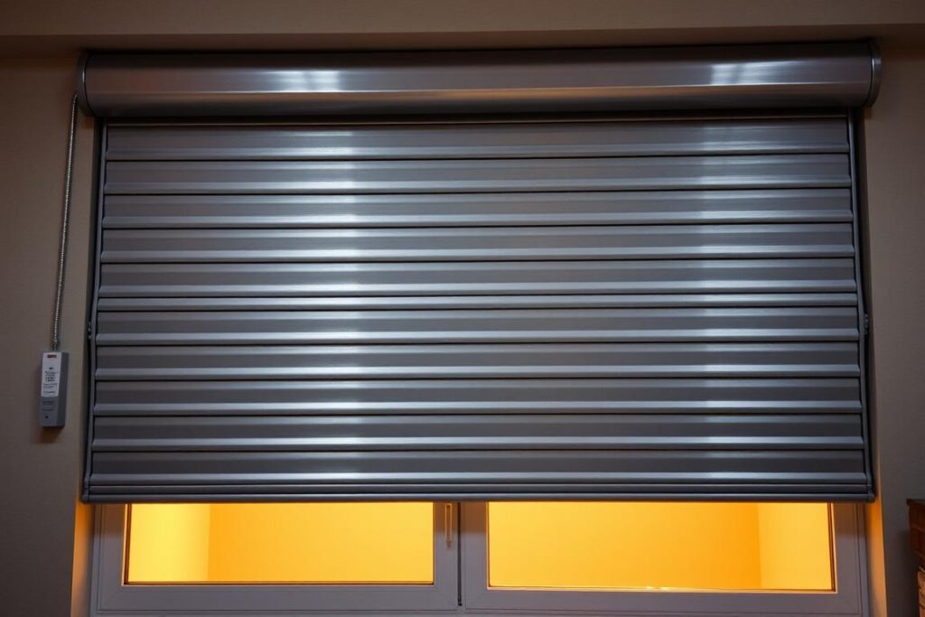 A high-security roller shutter system covering a large window, designed to deter burglars. The shutter is made of sturdy, interlocking metal slats in a brushed steel finish, creating a formidable barrier. Detailed attention has been paid to the sturdy casing, reinforced guides, and secure locking mechanism. Warm lighting from within the room casts a soft glow through the partially lowered shutter, hinting at the privacy and security it provides. The scene conveys a sense of protection and peace of mind for the homeowner, balancing functional security with an elegant aesthetic.