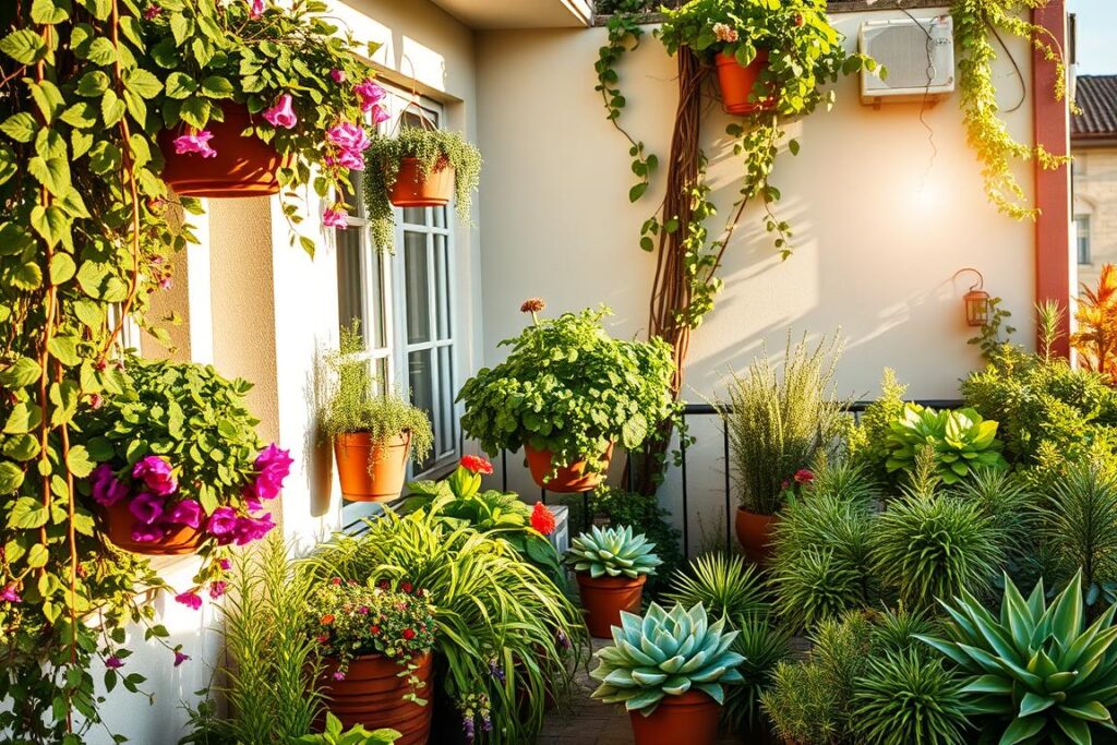 A lush, verdant balcony scene showcasing an array of thriving plants tailored to different sun exposures. In the foreground, cascading vines and hanging baskets of trailing flowers adorn a west-facing wall, bathed in warm, golden light. Centrally, a vibrant mix of potted herbs and leafy greens thrive on a sheltered, north-facing ledge. In the background, sun-loving succulents and perennials bask in the radiant glow of an east-facing corner, casting dynamic shadows. The composition is balanced, with a cohesive color palette and a sense of natural harmony, capturing the essence of "Pflanzen-Know-how für jede Ausrichtung".