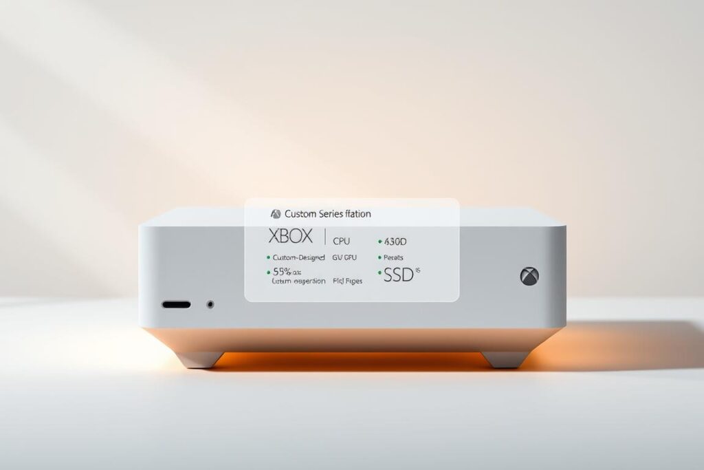 A meticulously crafted image of the technical details of the Xbox Series S, showcasing its sleek and compact design against a softly lit, minimalist backdrop. The console is prominently displayed, its glossy white exterior and subtle vents capturing the essence of modern gaming hardware. Faint rays of soft, warm lighting gently illuminate the contours, accentuating the console's clean lines and angular form. In the middle ground, a subtle, floating display presents key technical specifications, such as the custom-designed CPU, GPU, and SSD, all rendered in a clean, typographic style that complements the overall aesthetic. The background is a simple, muted gradient, allowing the subject to take center stage and command the viewer's attention, highlighting the Xbox Series S as a technological marvel.