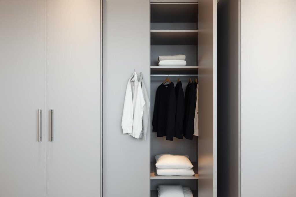 A minimalist, elegant wardrobe with clean lines and a neutral color palette. The closet doors are made of sleek, matte gray panels, with a simple, recessed handle detail. Inside, neatly folded garments in shades of white, beige, and black are visible through the partially open doors, creating a sense of order and simplicity. The lighting is soft and diffused, casting a warm glow on the meticulously organized interior. The camera angle is slightly elevated, allowing the viewer to appreciate the balanced, uncluttered design. An airy, calming atmosphere pervades the scene, reflecting the principles of minimalism and mindful living.