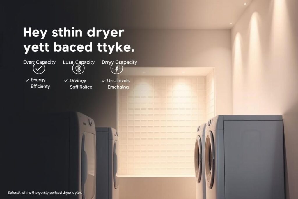 A modern, minimalist design depicting the key purchase criteria for the ideal vented dryer. In the foreground, sleek white appliances and intuitive control panels. The midground showcases energy efficiency ratings, drying capacity, and noise levels. In the background, a clean, bright interior with a subtle grid pattern, conveying the thoughtful engineering behind the product. Warm lighting casts a soft glow, highlighting the attention to detail. The composition strikes a balance between functionality and aesthetic appeal, reflecting the sophisticated consumer's priorities when selecting the perfect vented dryer.