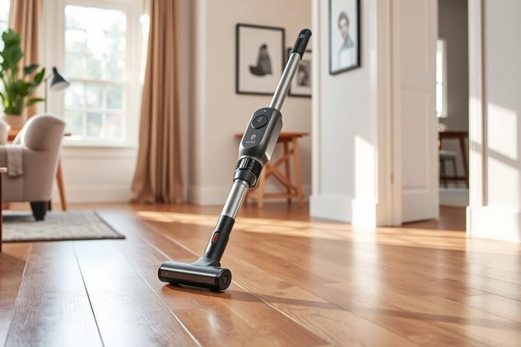 A practical everyday use of the Akitas V8 3-in-1 cordless vacuum cleaner. In a well-lit home interior, the compact vacuum hovers effortlessly across hardwood floors, effortlessly picking up dust and debris. The brushless motor delivers powerful suction, while the lithium-ion battery provides cordless convenience. The vacuum's sleek, ergonomic design allows for easy maneuverability around furniture and tight spaces. A sense of efficiency and simplicity permeates the scene, reflecting the product's practical nature and suitability for daily home cleaning tasks.