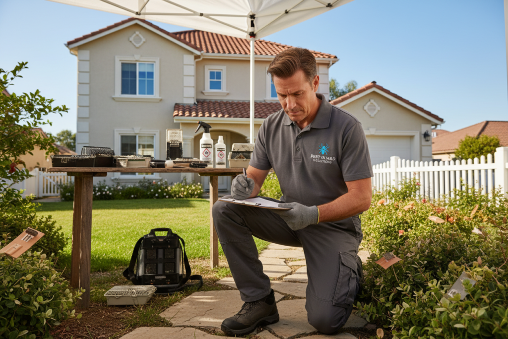 A professional pest control expert examining a residential property for pest issues. In the foreground, a middle-aged man in a smart, professional uniform with a clipboard, demonstrating attention to detail while inspecting a garden area. In the middle ground, pest control tools like traps and spray equipment are neatly organized on a wooden table. The background shows a tidy home with a small yard, under clear blue skies, conveying a sense of professionalism and care. Soft, natural lighting highlights the expert’s focused expression and the greenery of the garden, creating a calm yet purposeful atmosphere that emphasizes the importance of expert consultation in pest control.