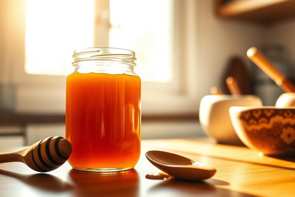 A serene kitchen counter, bathed in warm, natural light filtering through a window. On the surface, a glass jar filled with thick, golden Manuka honey, its rich hue and viscous texture inviting. Nearby, a wooden spoon and a rustic ceramic bowl, hinting at the various ways Manuka honey can be incorporated into everyday meals and beverages. The scene evokes a sense of simplicity and mindfulness, encouraging the viewer to consider how this superfood honey can be easily integrated into their daily routines, whether drizzled over yogurt, stirred into tea, or used as a sweetener in baking. The overall atmosphere conveys a feeling of wellness and wholesome living.