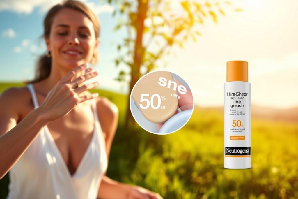 A serene outdoor scene showcasing the key benefits of Neutrogena's Ultra-Sheer Dry-Touch Sonnenschutzmittel. In the foreground, a woman's hand gently applies the sunscreen, its lightweight, non-greasy texture evident. The middle ground features a close-up of the product packaging, highlighting its sleek, modern design. In the background, a lush, verdant landscape with a bright, cloudless sky conveys the protection and peace of mind this sunscreen provides. Warm, natural lighting accentuates the product's purity and efficacy. An atmosphere of tranquility and confidence pervades the entire scene, exemplifying the sunscreen's ability to seamlessly integrate into one's active, sun-filled lifestyle.