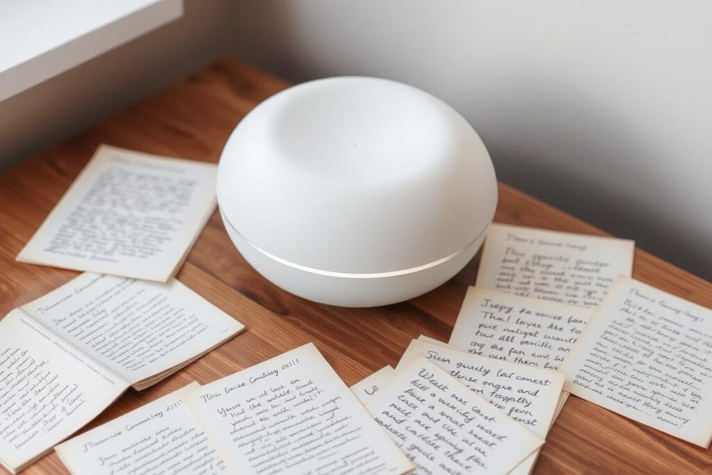 A serene white noise machine sits atop a minimalist wooden desk, its smooth, matte surface reflecting the soft, diffused lighting of the room. Delicate lines and curves accentuate its elegant design, creating a sense of calm and focus. Surrounding the machine, an array of handwritten notes and reviews, capturing the genuine experiences of satisfied customers. The notes are neatly arranged, their pages slightly worn, conveying a sense of authenticity and personal connection. The overall scene exudes a peaceful, contemplative atmosphere, inviting the viewer to imagine the tranquility and improved sleep quality the Dreamegg d11 machine can provide.