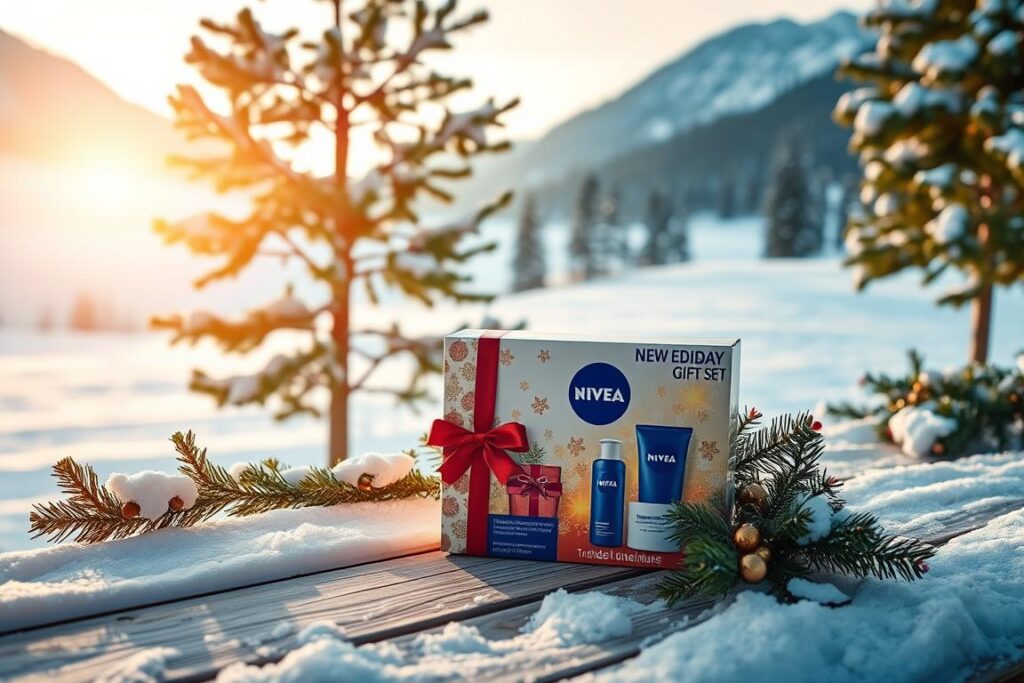A serene winter landscape with a warm, glowing NIVEA holiday gift set prominently displayed in the foreground. The packaging features the iconic NIVEA logo and the "Markenqualität" (brand quality) tagline, conveying a sense of trusted, high-quality skincare. The gift set is placed on a cozy, snow-dusted wooden surface, surrounded by lush evergreen foliage and a soft, diffused lighting that creates a soothing, festive ambiance. In the background, a snowy, mountainous vista stretches out, hinting at the natural, pure ingredients and heritage of the NIVEA brand. The overall scene exudes a sense of quality, tradition, and the radiant glow of healthy, winter-kissed skin.