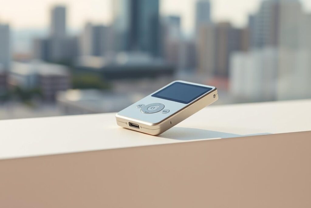 A sleek, compact MP3 player resting on a minimalist white surface, its streamlined metallic body gleaming under soft, natural lighting. The device is angled slightly, showcasing its clean, uncluttered design with intuitive controls and a high-resolution display. In the background, a blurred, slightly out-of-focus cityscape hints at the player's portability and versatility, ready to accompany its owner through the everyday hustle and bustle. The overall scene conveys a sense of modern sophistication, highlighting the MP3 player's ability to seamlessly integrate into an active, on-the-go lifestyle. A sleek, compact MP3 player resting on a minimalist white surface, its streamlined metallic body gleaming under soft, natural lighting. The device is angled slightly, showcasing its clean, uncluttered design with intuitive controls and a high-resolution display. In the background, a blurred, slightly out-of-focus cityscape hints at the player's portability and versatility, ready to accompany its owner through the everyday hustle and bustle. The overall scene conveys a sense of modern sophistication, highlighting the MP3 player's ability to seamlessly integrate into an active, on-the-go lifestyle.
