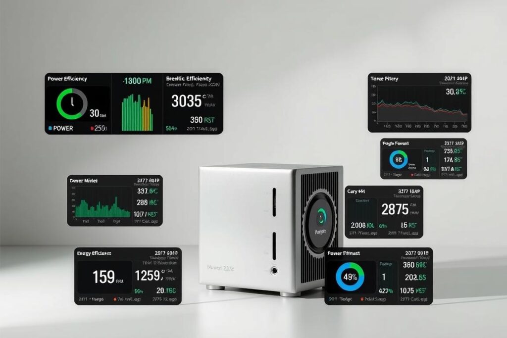 A sleek, compact mini PC with its internal components visible, set against a minimalist backdrop. The device is surrounded by an array of technical readouts, power consumption graphs, and temperature monitoring displays, providing a detailed breakdown of its energy usage and cooling performance. Soft, diffused lighting illuminates the scene, creating a balanced, professional atmosphere. The overall impression conveys the energy efficiency and thermal management capabilities of this mini PC model, in line with the article's focus on its power consumption and cooling system.
