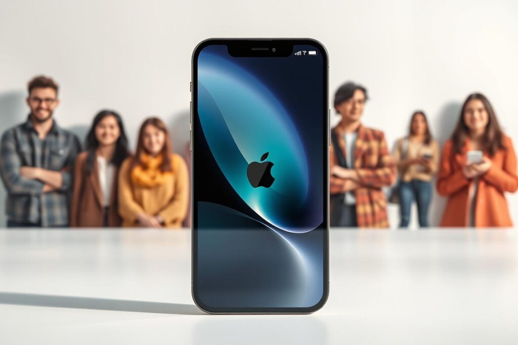 A sleek, futuristic-looking iPhone 16 in the foreground, with various user archetypes represented in the background, showcasing its versatility. The device is displayed in a well-lit, minimalist setting, with subtle shadows and highlights accentuating its premium design. The users in the background exhibit diverse ages, genders, and lifestyles, conveying the broad appeal of the iPhone 16 across different target demographics. The overall composition and lighting create a sense of sophistication and modernity, reflecting the cutting-edge technology and features of the latest Apple flagship device. A sleek, futuristic-looking iPhone 16 in the foreground, with various user archetypes represented in the background, showcasing its versatility. The device is displayed in a well-lit, minimalist setting, with subtle shadows and highlights accentuating its premium design. The users in the background exhibit diverse ages, genders, and lifestyles, conveying the broad appeal of the iPhone 16 across different target demographics. The overall composition and lighting create a sense of sophistication and modernity, reflecting the cutting-edge technology and features of the latest Apple flagship device.