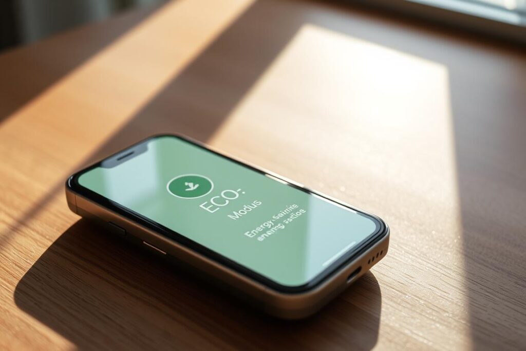 A sleek, modern babyphone resting on a wooden surface, its display showcasing the "ECO-Modus" energy-saving mode. The device emits a soft, ambient glow, illuminating its minimalist design. Sunlight filters through a nearby window, casting gentle shadows and highlighting the phone's premium materials. The scene conveys a sense of efficiency and environmental consciousness, inviting the viewer to consider the babyphone's impact on energy consumption and radiation reduction. The camera captures the device from a slightly elevated angle, emphasizing its clean lines and intuitive interface.