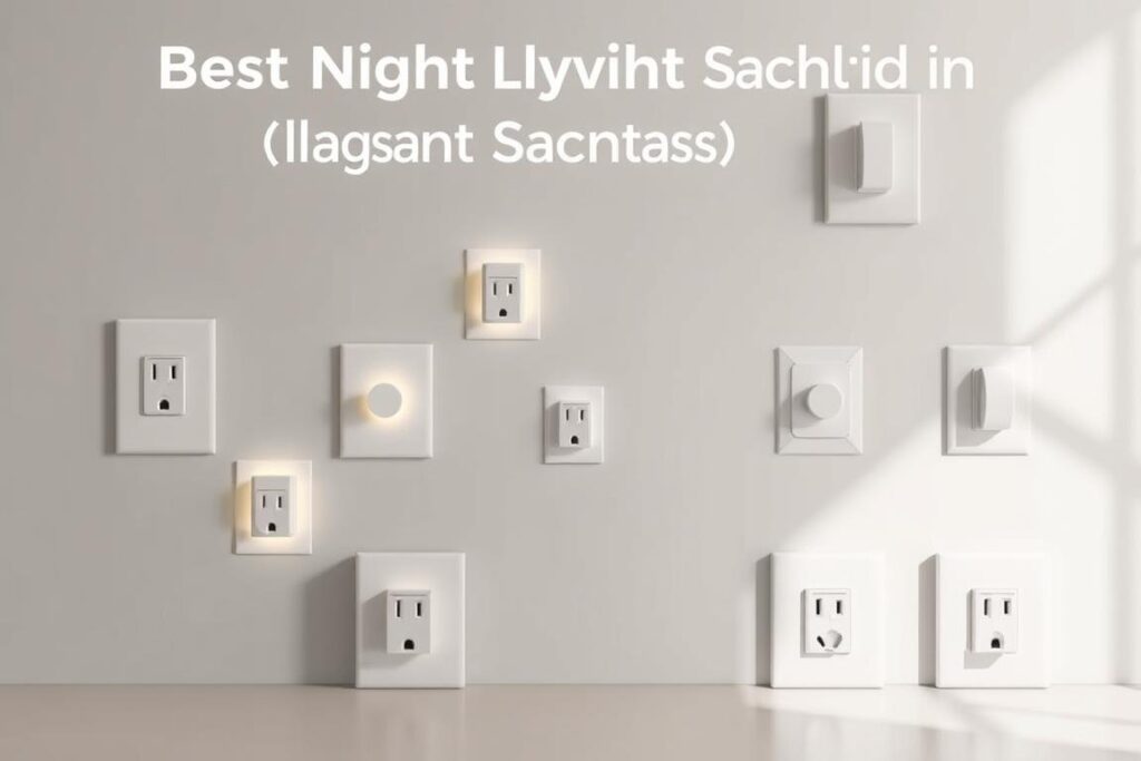 A sleek, modern comparison of the best night light power sockets on the market. The foreground features an array of subtly illuminated, minimalist night light sockets in a variety of neutral tones, casting a soft, warm glow. The middle ground showcases the sockets from different angles, highlighting their streamlined designs and discreet integration into the wall. The background is a muted, monochromatic setting, allowing the night lights to take center stage. The lighting is natural and diffused, creating an inviting, cozy ambiance. The overall composition is balanced and visually appealing, showcasing the night lights as elegant, functional home decor pieces.