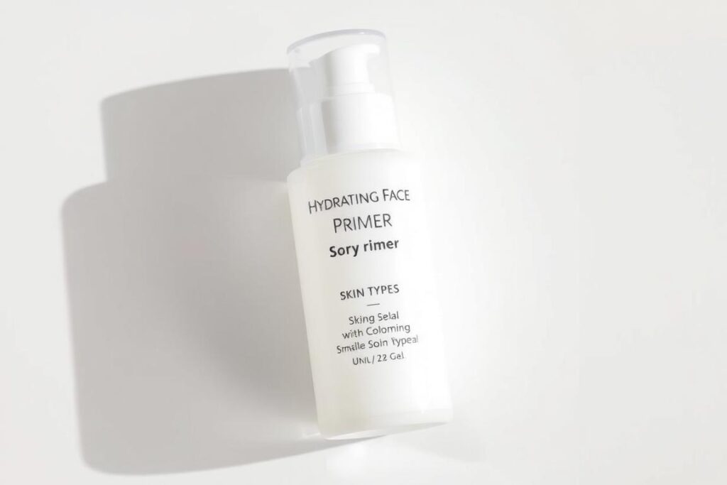 A softly lit, close-up shot of a sleek, minimalist bottle of "Hydrating Face Primer" against a simple, white background. The bottle's label prominently displays the product name and a selection of skin types it is suitable for, emphasizing its versatility. The lighting is gentle, creating a sense of softness and luminosity, subtly highlighting the translucent, gel-like texture of the primer. The overall composition is clean, elegant, and inviting, conveying a sense of quality and efficacy, perfectly suited to illustrate the section on the primer's suitability for different skin types.