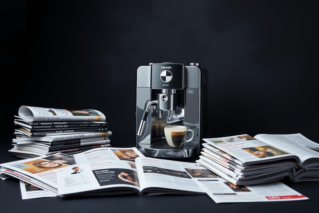 A sophisticated still life image of expertly curated coffee machine reviews and opinions. In the foreground, a collection of neatly stacked publications, magazines, and printed web pages with product ratings and recommendations, arranged against a dark, moody backdrop. The middle ground features the sleek, elegant lines of the De'Longhi Eletta Explore ECAM452.57.G coffee machine, its polished surface reflecting the surrounding materials. The background is shrouded in a soft, atmospheric lighting, creating a sense of contemplation and authority around the subject matter. The overall composition conveys the idea of an in-depth, well-researched evaluation of the coffee machine from multiple expert perspectives. A sophisticated still life image of expertly curated coffee machine reviews and opinions. In the foreground, a collection of neatly stacked publications, magazines, and printed web pages with product ratings and recommendations, arranged against a dark, moody backdrop. The middle ground features the sleek, elegant lines of the De'Longhi Eletta Explore ECAM452.57.G coffee machine, its polished surface reflecting the surrounding materials. The background is shrouded in a soft, atmospheric lighting, creating a sense of contemplation and authority around the subject matter. The overall composition conveys the idea of an in-depth, well-researched evaluation of the coffee machine from multiple expert perspectives.