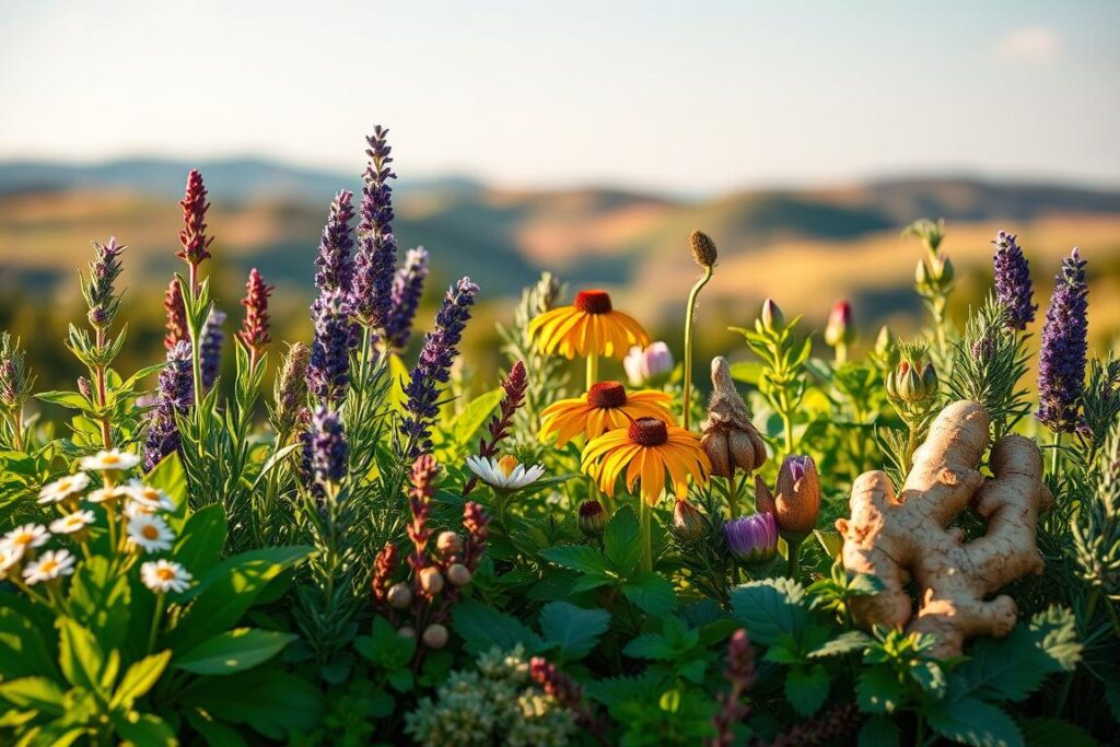 A verdant display of vibrant medicinal herbs, bathed in warm, golden light. In the foreground, an arrangement of lush, leafy plants like chamomile, lavender, and rosemary, their soothing aromas emanating. The middle ground features a mix of flowering botanicals, such as echinacea and ginger, their petals and rhizomes bursting with natural healing properties. In the background, a soft, blurred landscape of rolling hills and a cloudless, azure sky, creating a serene, pastoral atmosphere. The overall composition conveys the holistic, restorative benefits of these carefully curated, high-quality herbs for the human body and mind. A verdant display of vibrant medicinal herbs, bathed in warm, golden light. In the foreground, an arrangement of lush, leafy plants like chamomile, lavender, and rosemary, their soothing aromas emanating. The middle ground features a mix of flowering botanicals, such as echinacea and ginger, their petals and rhizomes bursting with natural healing properties. In the background, a soft, blurred landscape of rolling hills and a cloudless, azure sky, creating a serene, pastoral atmosphere. The overall composition conveys the holistic, restorative benefits of these carefully curated, high-quality herbs for the human body and mind.