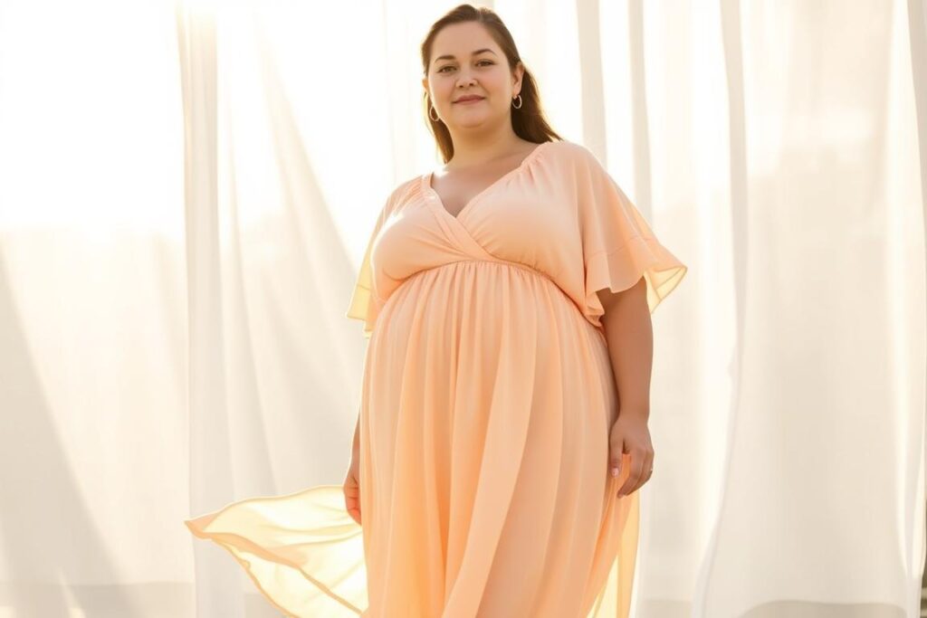 A vibrant, airy musselin dress in soft, flowing cotton material, draped effortlessly on a full-figured woman against a serene, sunlit backdrop. The dress features a flattering v-neckline, delicate ruching, and gentle pleats that accentuate the curves. Sunlight streams through sheer fabric, casting a warm, ethereal glow. The woman stands tall, radiating confidence and comfort in her stylish, versatile ensemble - a perfect everyday companion that flatters her figure. Soft, natural lighting highlights the dress' breathable, lightweight texture and the woman's relaxed, at-ease pose.