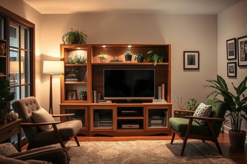 A warm, cozy living room with a custom-built IKEA cabinet repurposed as a media center. The cabinet's doors have been replaced with paned glass, showcasing an array of plants, books, and decorative pieces. A mid-century modern armchair sits nearby, inviting relaxation. Soft, diffused lighting from a floor lamp casts a gentle glow, creating a serene atmosphere. The walls are adorned with framed artwork, adding personal touches to the space. Wooden accents and natural textures blend seamlessly, reflecting a harmonious, DIY-inspired aesthetic.