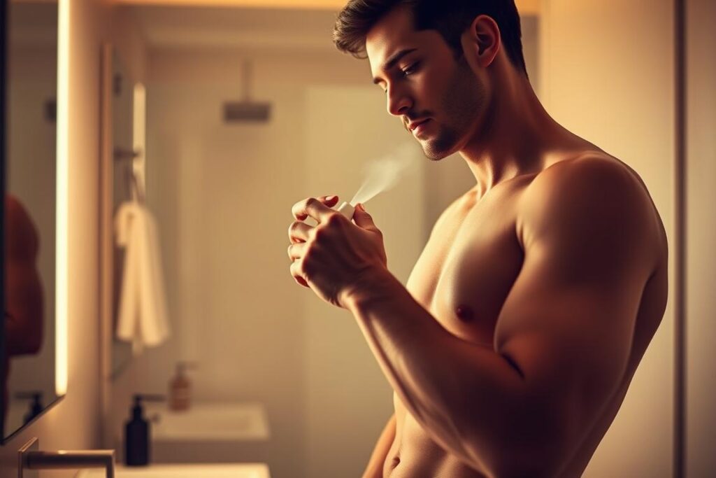 A well-groomed man applying a spritz of Syxgott Arise Eau de Parfum to his neck and wrists, the pheromone-infused fragrance glowing softly against his skin. The scene is bathed in warm, diffused lighting, captured from a slight low angle to highlight the man's confident, assured expression. The background is a minimalist, elegantly appointed bathroom, with a sleek, modern aesthetic that complements the refined masculinity of the fragrance. The overall mood is one of effortless sophistication, underscoring the optimal application of this pheromone-enhanced cologne.