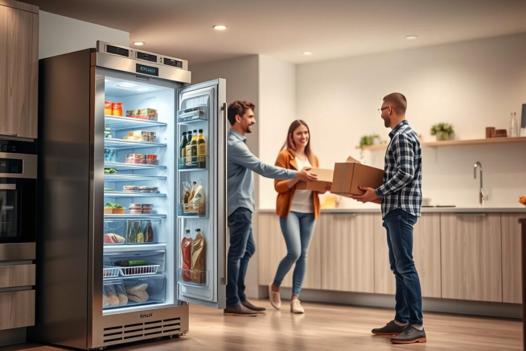 A well-lit, contemporary kitchen interior with a stainless steel Exquisit freezer prominently displayed in the foreground. The freezer is open, revealing its organized shelves stocked with frozen foods. In the middle ground, a delivery person hands a box to a smiling customer, symbolizing the reliable delivery service. The background showcases a clean, minimalist design with subtle tones and textures, creating a sense of modern elegance. Soft, directional lighting illuminates the scene, highlighting the freezer's sleek lines and the interaction between the customer and delivery person. The overall atmosphere conveys efficiency, satisfaction, and a high-quality home appliance experience.