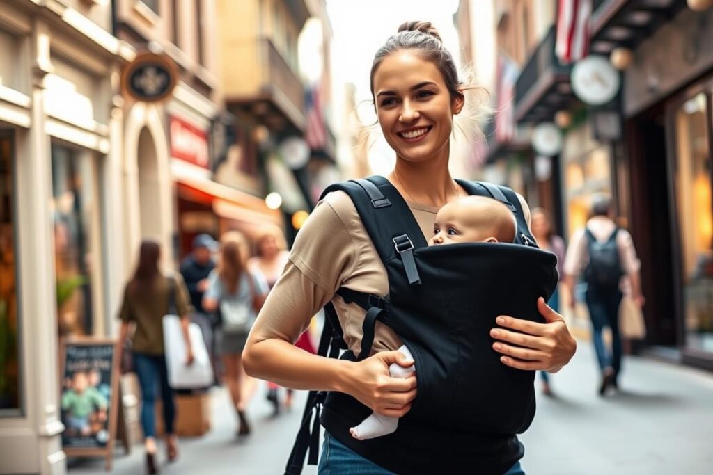 A woman wearing a black baby carrier, walking through a vibrant city street. She is strolling past quaint storefronts, bustling pedestrians, and lively urban scenes. The carrier is securely fastened, with her newborn infant snugly tucked inside. The woman's expression is one of contentment and ease, showcasing the practicality and versatility of the Koala Babycare carrier. Soft, natural lighting illuminates the scene, creating a warm, inviting atmosphere. The image captures the seamless integration of the carrier into everyday life, highlighting its suitability for a wide range of activities and environments.
