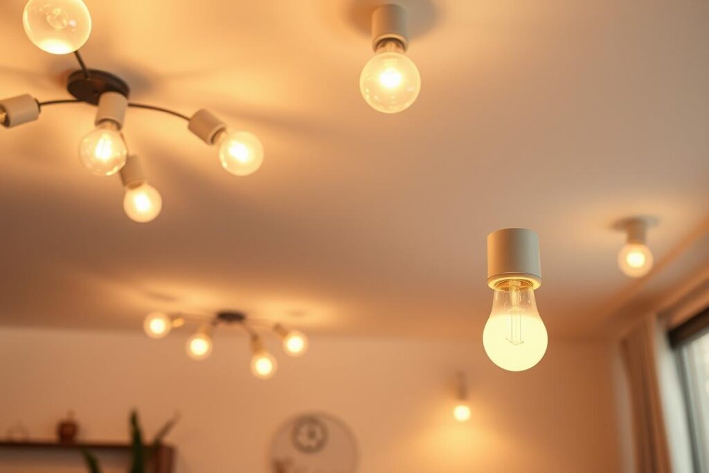 Energiesparende LED-Beleuchtung: A well-lit interior with an array of energy-efficient LED bulbs casting a warm, cozy glow. The fixtures are sleek and modern, blending seamlessly into the minimalist decor. Soft shadows play across the walls, creating a tranquil, serene atmosphere. The lighting is evenly distributed, illuminating the space without harsh shadows or glare. Close-up shots highlight the crisp, clean lines of the LED bulbs, their energy-saving capabilities emphasized. An overall sense of efficiency and environmental consciousness permeates the scene.