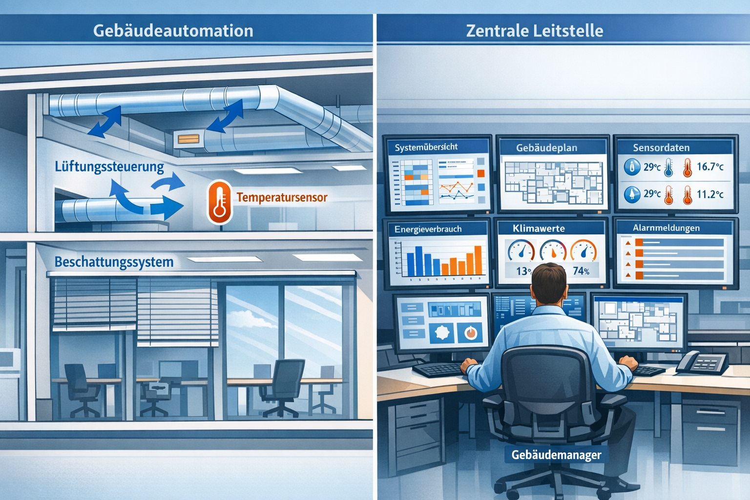 Was sind die Aufgaben eines Facility Managers? 2 Detailed () infographic-style illustration showing a split-screen view of a modern building cross-section: left side