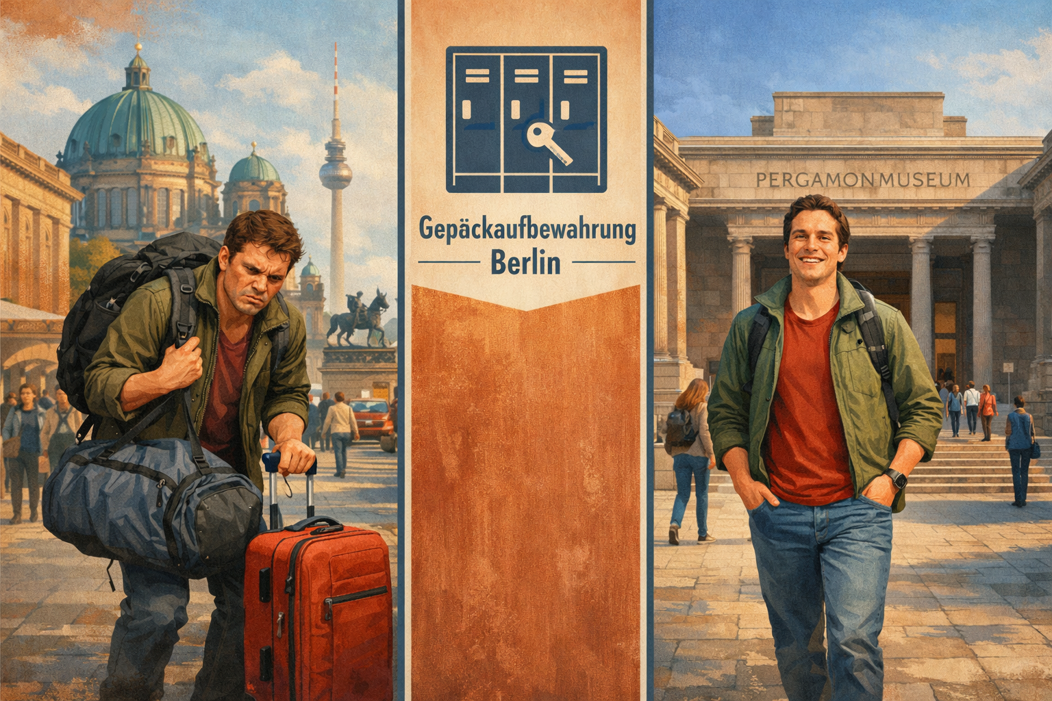 Detailed () editorial illustration showing a split-scene composition: on the left, a frustrated traveler struggling with